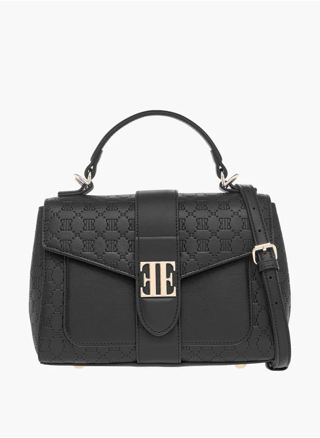 ELLE Monogram Embossed Satchel Bag with Flap Closure and Detachable Strap