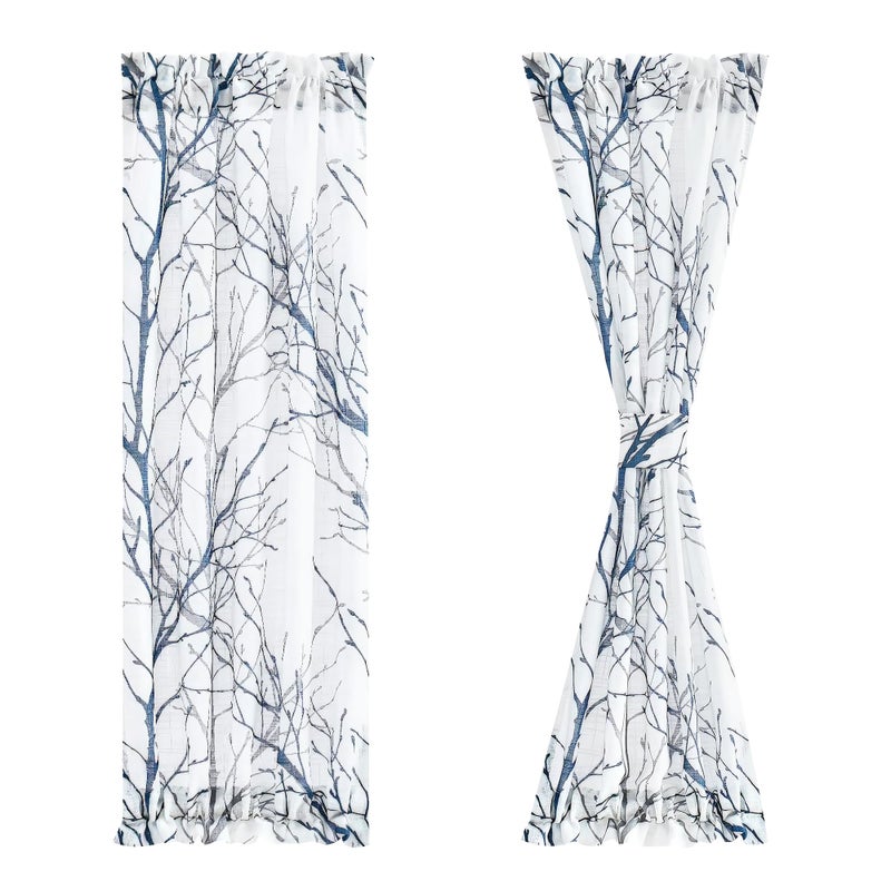 FMFUNCTEX Sidelight Sheer French Door Curtains 72 Inches Long White Blue and Grey Print Branch SemiSheer Door Panels for Front Patio Door 24 Inches Wide 2 Panels Set
