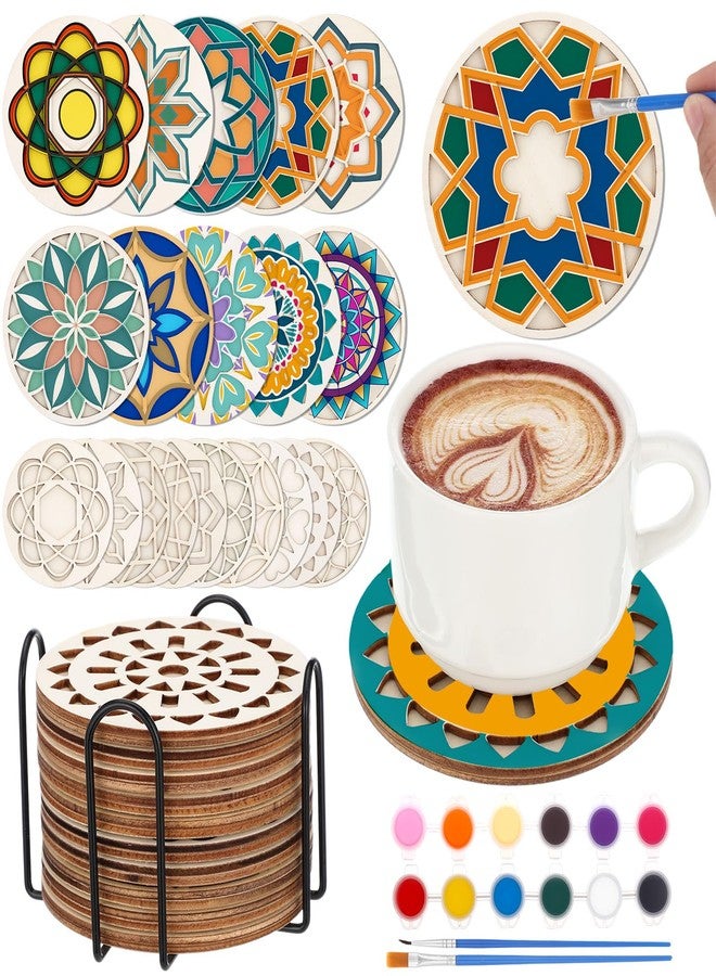 Leinuosen Wooden Coasters Painting Kit, Color Your Own Coaster Mandalas with Acrylic Paints, 4 Boho Drink Coaster Gift Crafts DIY Kit for Adults, Teens, Home Apartment Decor - Image 1