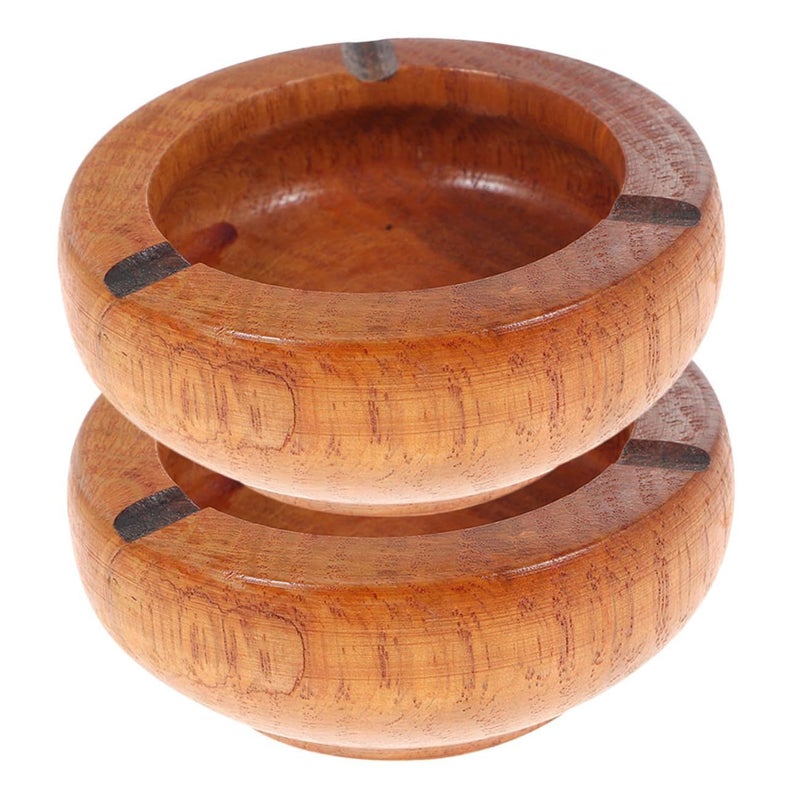 Garneck Wooden Round Ashtray 2pcs 10x3.5cm Retro Cigarette Ash Tray Home Office Decor - Image 2
