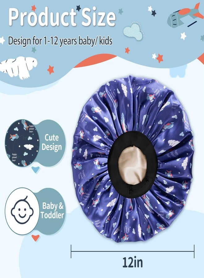 WINSTECK Kids Bonnet, Soft Silk Satin Bonnet for Girls Boys, Double Layer & Wide Elastic Band Kids Sleeping Cap, Adjustable Night Hat for Child Natural Hair Curly Hair (Blue Spaceship) - Image 2