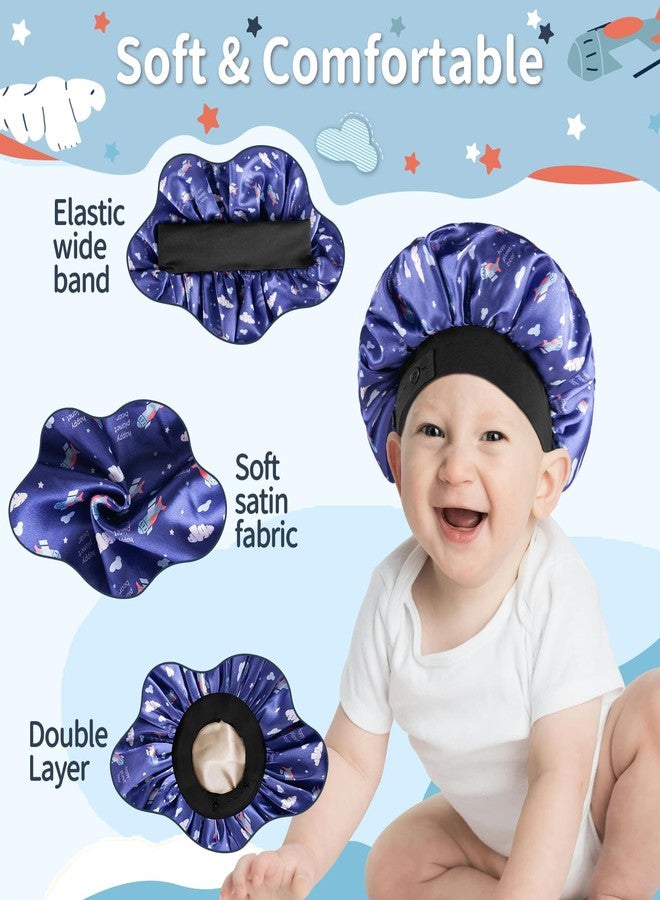 WINSTECK Kids Bonnet, Soft Silk Satin Bonnet for Girls Boys, Double Layer & Wide Elastic Band Kids Sleeping Cap, Adjustable Night Hat for Child Natural Hair Curly Hair (Blue Spaceship) - Image 3