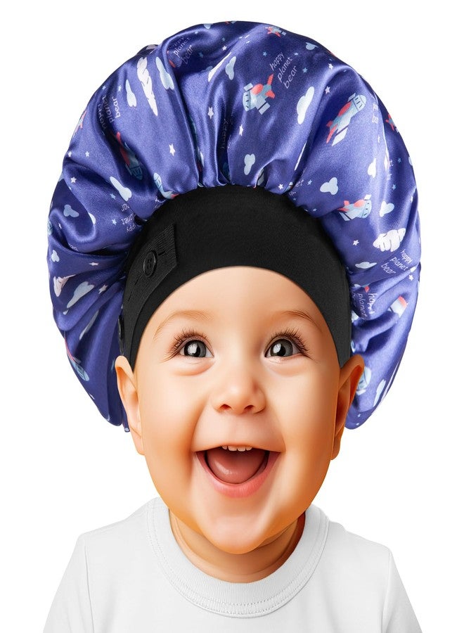WINSTECK Kids Bonnet, Soft Silk Satin Bonnet for Girls Boys, Double Layer & Wide Elastic Band Kids Sleeping Cap, Adjustable Night Hat for Child Natural Hair Curly Hair (Blue Spaceship) - Image 1