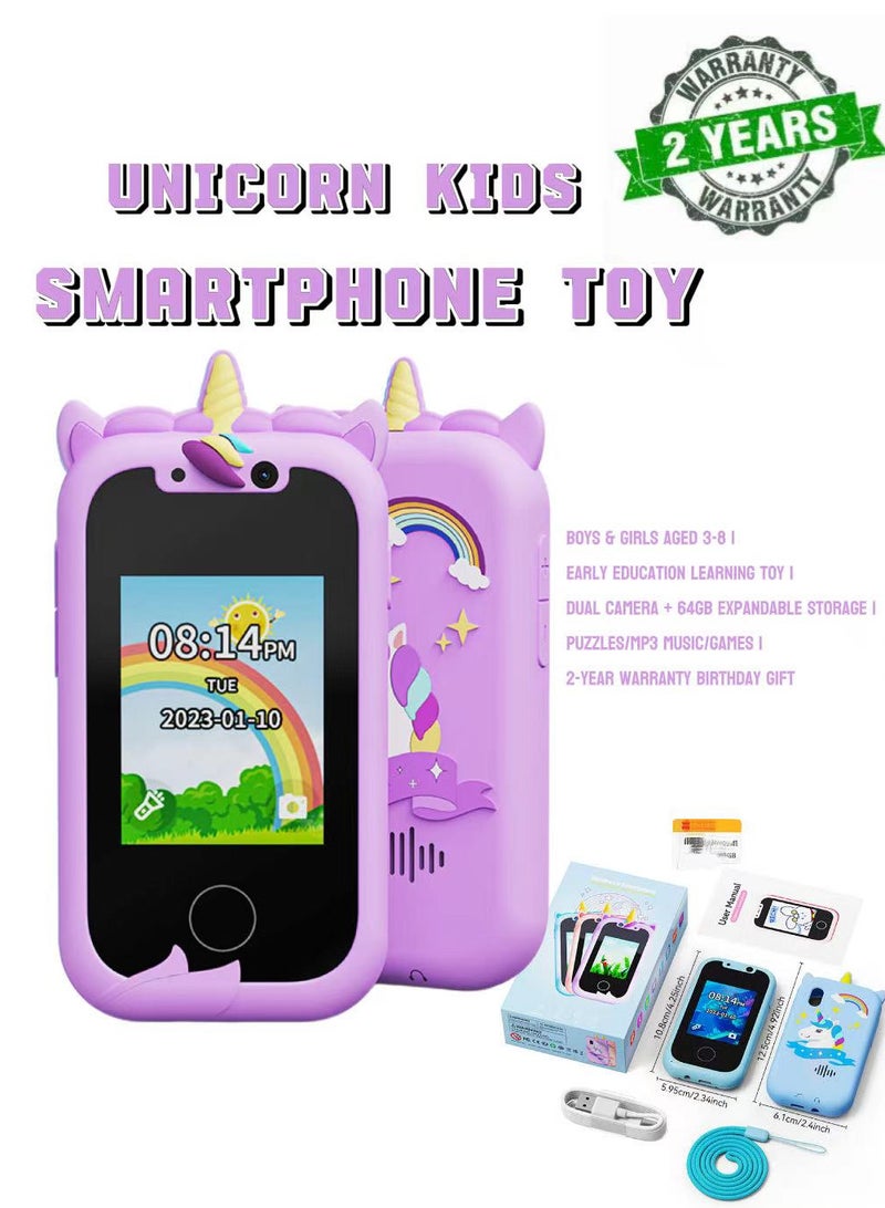 TNGames Unicorn Kids Smartphone Toy for Boys & Girls Aged 3-8 | Early Education Learning Toy | Dual Camera + 64GB Expandable Storage | Puzzles/MP3 Music/Games | 2-Year Warranty Birthday Gift-Purple - Image 1