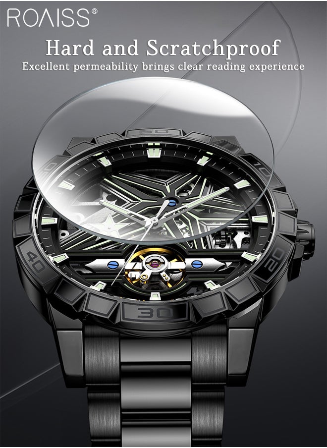 Men's Skeleton Steel Band Mechanical Watch, Automatic Winding, Analog Display Round Dial with Three-dimensional Suspension Design, Luminous Waterproof Fashion Wristwatch, as Gift for Men