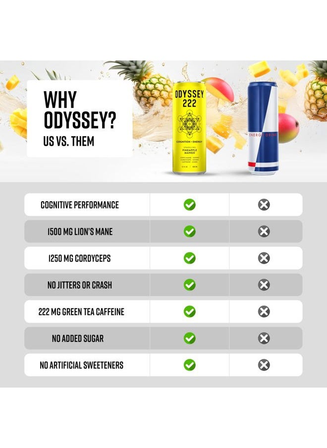 San Francisco Soap Company - Odyssey 222 Energy Drink, Pre Workout, 222mg Caffeine, Clean Energy Drinks, L Theanine, Lions Mane, Cordyceps & Green Tea for Energy, Focus & Mood Boost, Low Calorie, Variety Pack, 12 Fl oz, 12 Pack - Image 1
