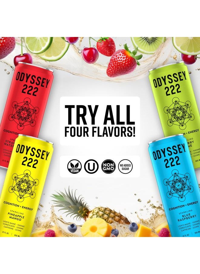 San Francisco Soap Company - Odyssey 222 Energy Drink, Pre Workout, 222mg Caffeine, Clean Energy Drinks, L Theanine, Lions Mane, Cordyceps & Green Tea for Energy, Focus & Mood Boost, Low Calorie, Variety Pack, 12 Fl oz, 12 Pack - Image 1