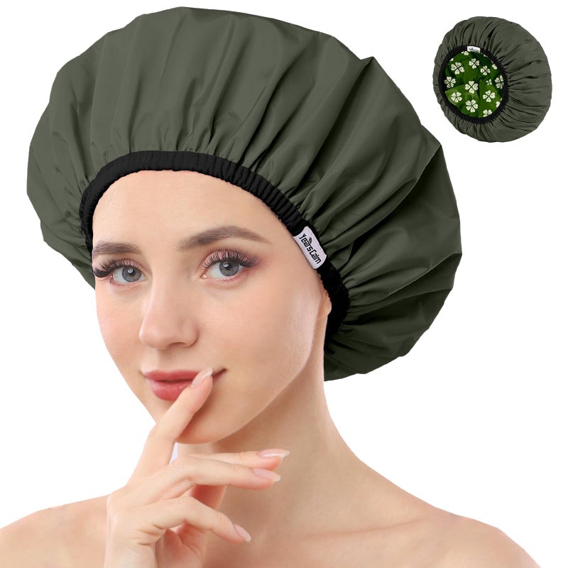 Years Calm Shower Caps For Women Reusable Waterproofï¼ŒPattern And Solid Color Dual-Layer Design For Dual-Layer Usableï¼ŒProtects Hair In Shower, Spa, Cooking, Clean & Travel (Green, One Size) - Image 1