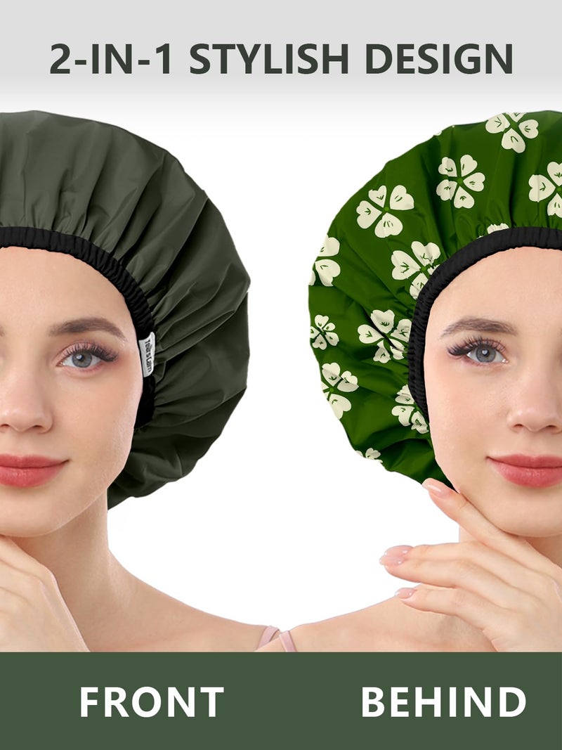 Years Calm Shower Caps For Women Reusable Waterproofï¼ŒPattern And Solid Color Dual-Layer Design For Dual-Layer Usableï¼ŒProtects Hair In Shower, Spa, Cooking, Clean & Travel (Green, One Size) - Image 2