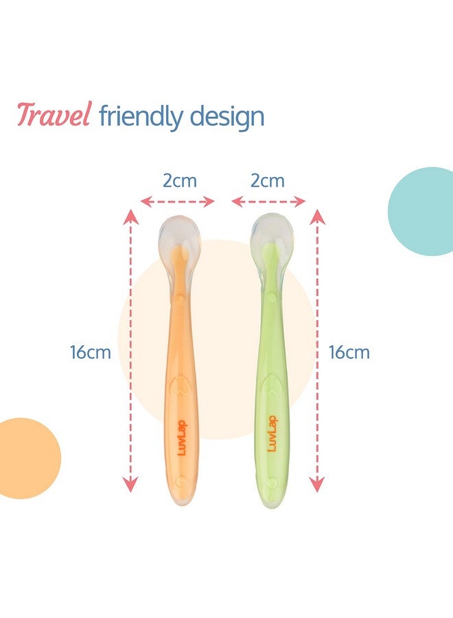 لوفلاب مجموعة ملاعق تغذية الطفل مكونة من قطعتين بطرف سيليكون فائق النعومة بنسبة 100%، مادة خالية من مادة البيسفينول أ مع طرف سيليكون صالح للطعام، أداة تغذية ذاتية، ملعقة فطام للأطفال من سن 4 أشهر فما فوق (أخضر ووردي)، 16 سم - Image 3