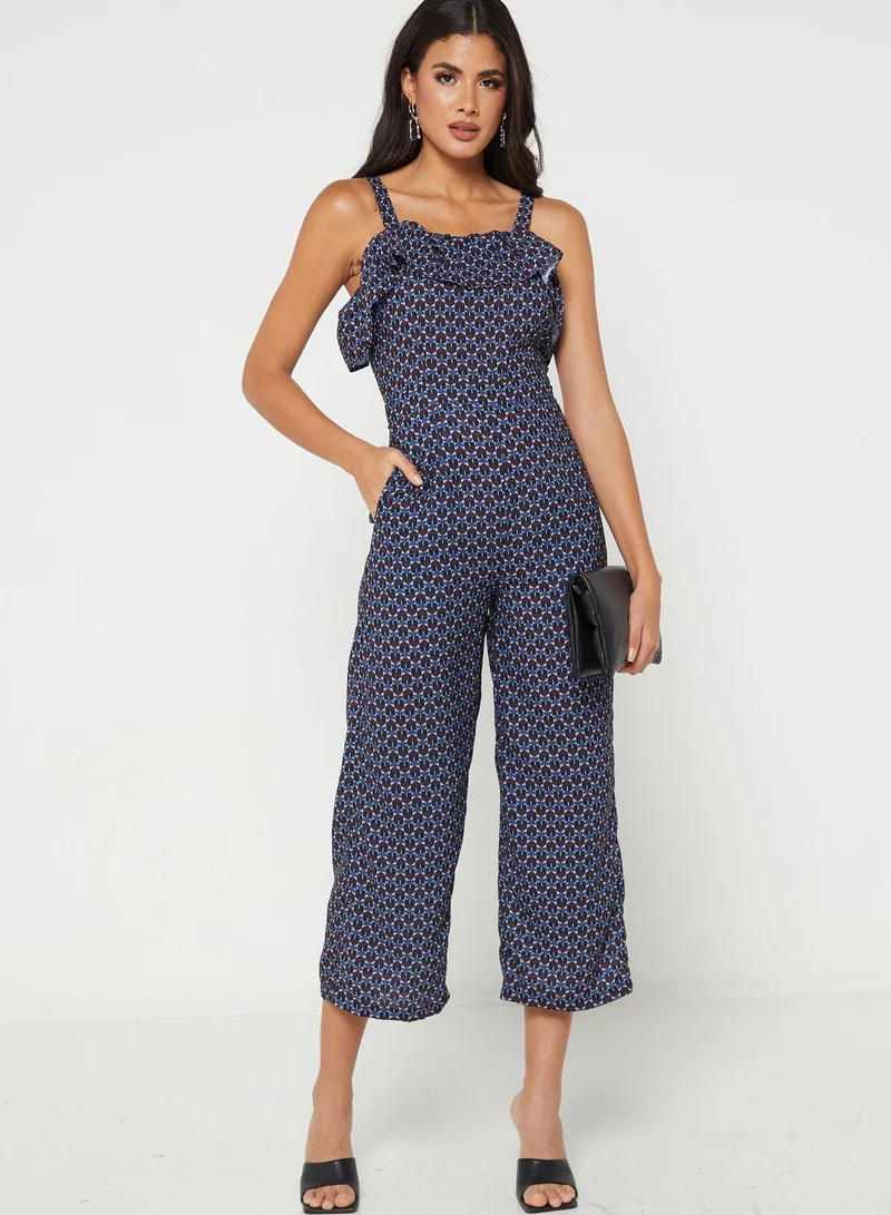 FabAlley Black Wine Geo Ruffled Strappy Jumpsuit