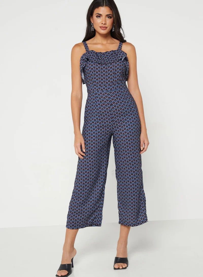 FabAlley Black Wine Geo Ruffled Strappy Jumpsuit
