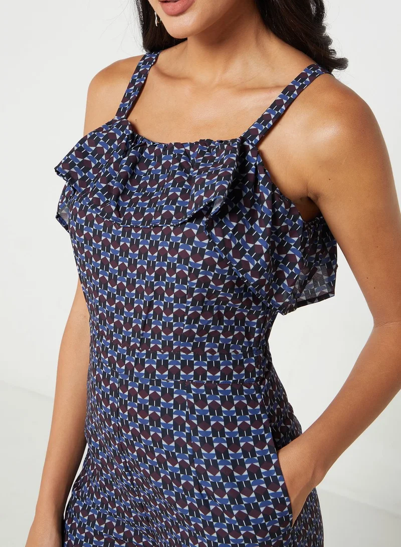 FabAlley Black Wine Geo Ruffled Strappy Jumpsuit