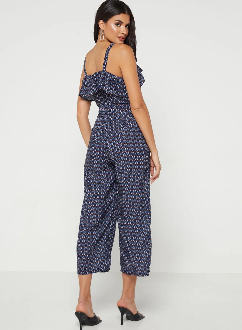 FabAlley Black Wine Geo Ruffled Strappy Jumpsuit