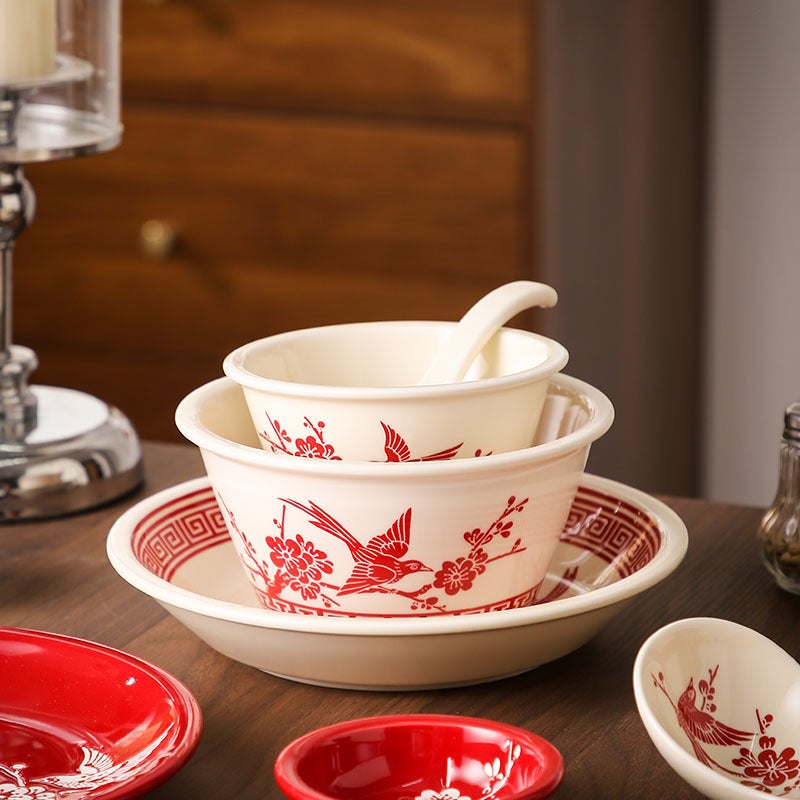 Red Festive Bowl And Plate Set Ceramic Bowls And Plates Tableware Housewarming Gift High-Value Rice Bowls Soup Bowls Wedding Bowls Plates - Image 4