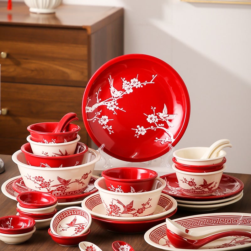 Red Festive Bowl And Plate Set Ceramic Bowls And Plates Tableware Housewarming Gift High-Value Rice Bowls Soup Bowls Wedding Bowls Plates - Image 2