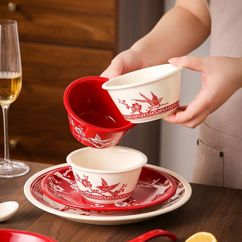 Red Festive Bowl And Plate Set Ceramic Bowls And Plates Tableware Housewarming Gift High-Value Rice Bowls Soup Bowls Wedding Bowls Plates - Image 3