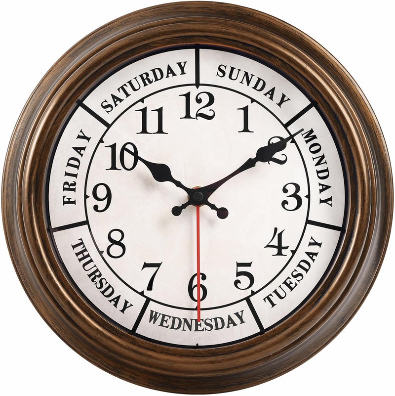 45MinST 12 Inches Retro Wall Clock,Day of The Week Wall Clock,Calendar Day Clock,Silent Non Ticking Battery Operated Movement(Bronze) - Image 1