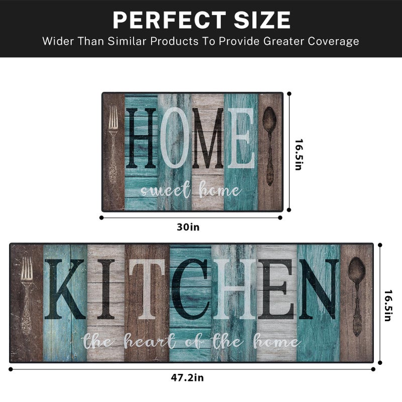 Nesphy Turquoise Teal Kitchen Rugs and Mats Non Skid Washable Set of 2, Brown Wooden Vintage Farmhouse Floor Mats, Sweet Heart Home Runner Rug, Rustic Kitchen Decor - Image 2