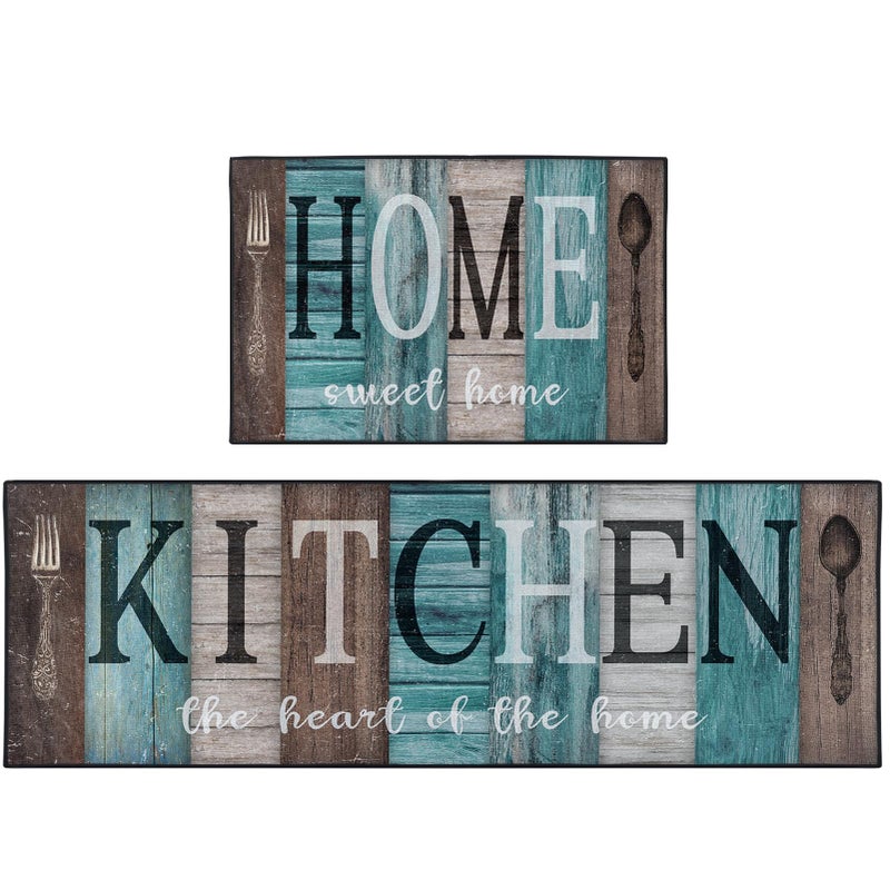 Nesphy Turquoise Teal Kitchen Rugs and Mats Non Skid Washable Set of 2, Brown Wooden Vintage Farmhouse Floor Mats, Sweet Heart Home Runner Rug, Rustic Kitchen Decor - Image 1