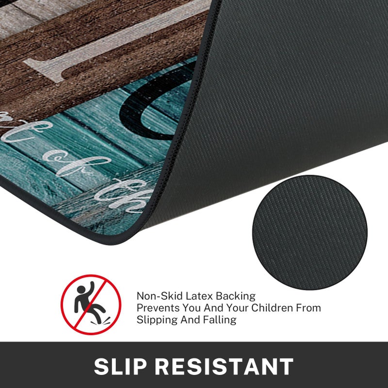 Nesphy Turquoise Teal Kitchen Rugs and Mats Non Skid Washable Set of 2, Brown Wooden Vintage Farmhouse Floor Mats, Sweet Heart Home Runner Rug, Rustic Kitchen Decor - Image 4