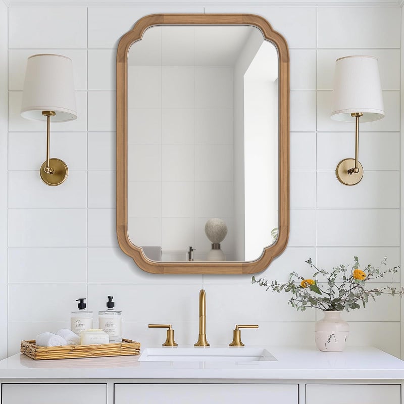 WallBeyond 20" x 30" Rounded Corner Arch Wall Mirror with Wood Frame for Entryway, Living Room or Bedroom Home Decor - Light Woodgrain [20" x 30" Honey-Colored] - Image 1