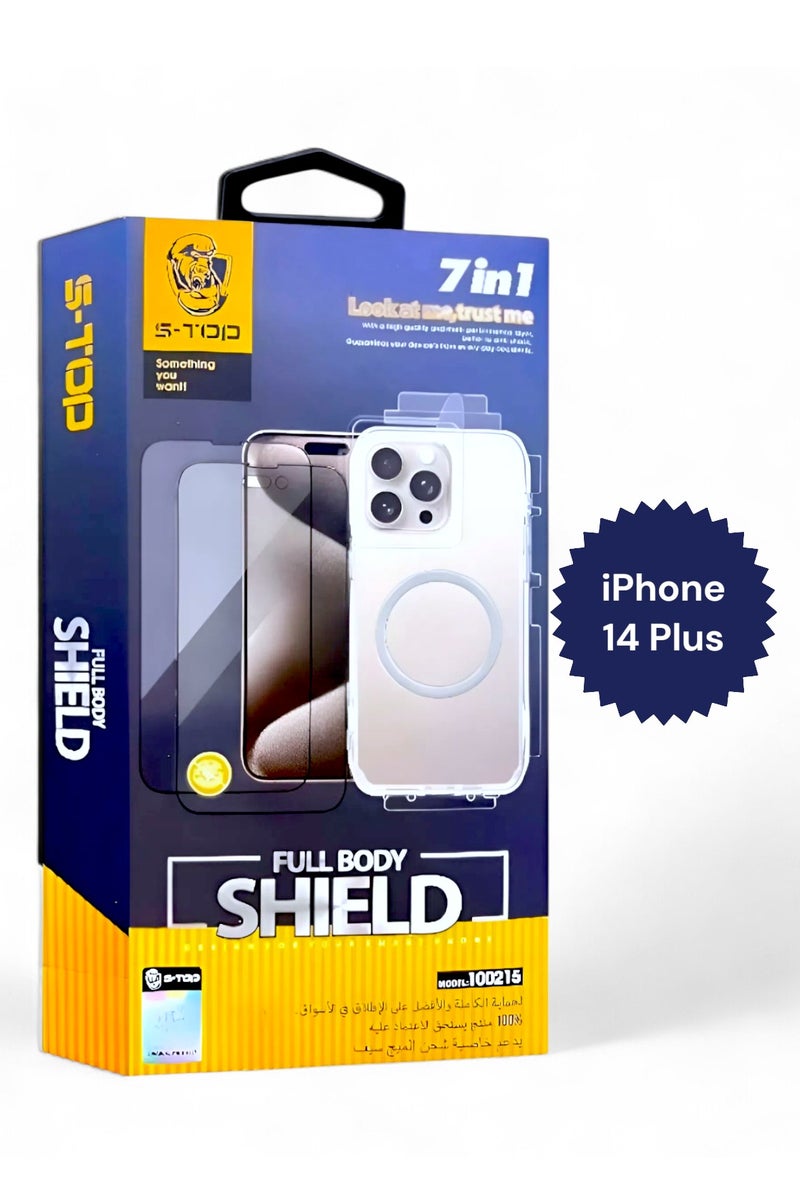 اس-توب بكج الحماية الكاملة لـ آيفون 14 بلس (iPhone 14 Plus) مع حماية شاشة للخصوصية (لقافة) و كفر يدعم الشحن اللاسلكي (MagSafe) حماية كاملة لجهازك ضد الخدوش والسقوط (7in1), البكج الجديد و الأصلي من S-TOP