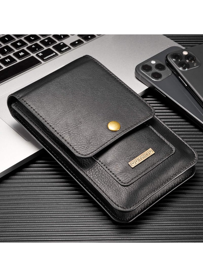 Universal Phone Belt Holster for Galaxy S23 Ultra,S23 FE,S23+ 5G,Note 20,Genuine Leather Men Carrying Sleeve Pouch with 13 Card Holder[Suitable for phones up to 7 inch]  - Image 5