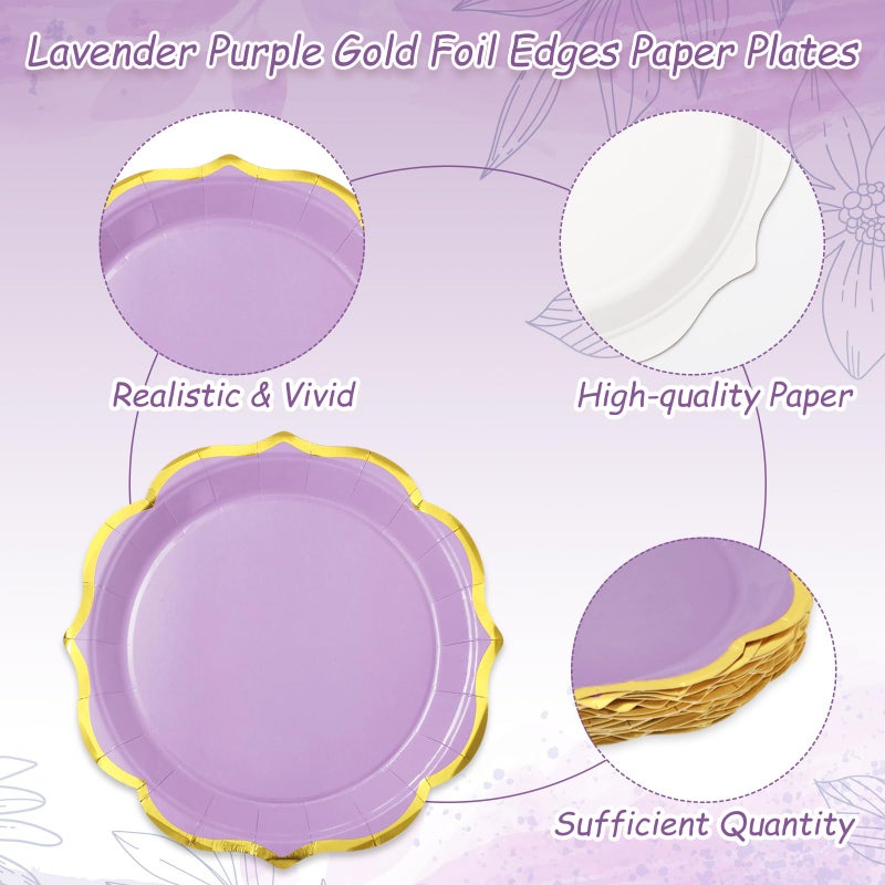 Whaline 30 Pcs Lavender Paper Plate Gold Foil Scalloped Disposable Plate Retro 3 Purple Colors Dinner Plate for Party Supplies Table Decor  9 inch - Image 3