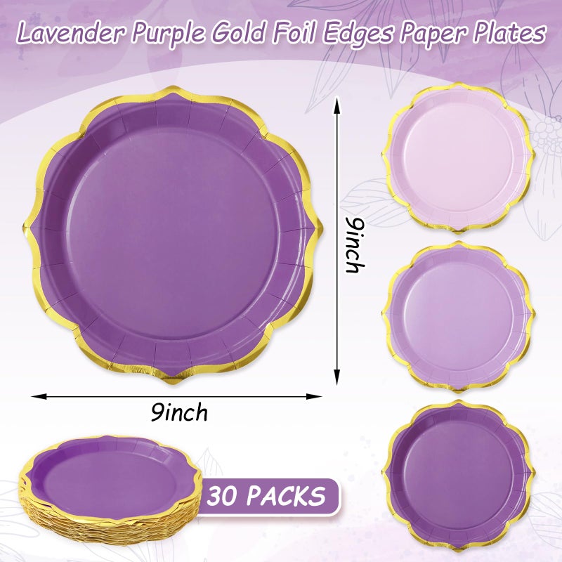 Whaline 30 Pcs Lavender Paper Plate Gold Foil Scalloped Disposable Plate Retro 3 Purple Colors Dinner Plate for Party Supplies Table Decor  9 inch - Image 2