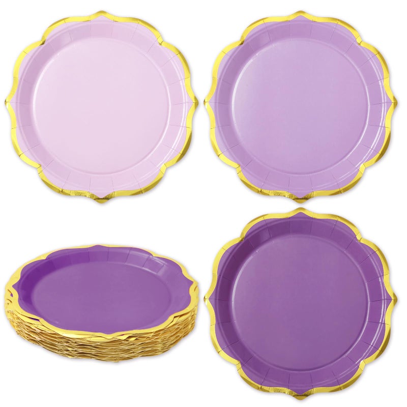 Whaline 30 Pcs Lavender Paper Plate Gold Foil Scalloped Disposable Plate Retro 3 Purple Colors Dinner Plate for Party Supplies Table Decor  9 inch - Image 1