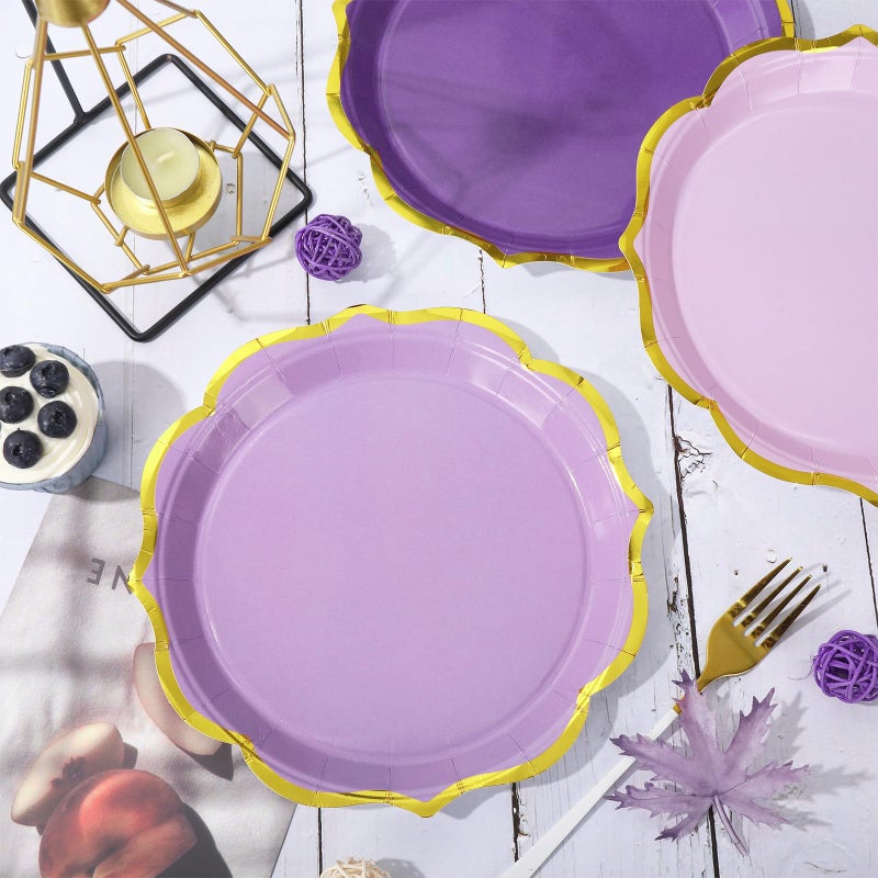 Whaline 30 Pcs Lavender Paper Plate Gold Foil Scalloped Disposable Plate Retro 3 Purple Colors Dinner Plate for Party Supplies Table Decor  9 inch - Image 4