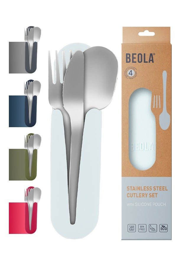 BEOLA Stainless Steel Cutlery Set, Travel Utensils Set with Silicone Case Pouch, Fork Spoon Knife Camping Set, Cutlery Set for Kids School, Set of 4 (Ice Blue)  - Image 1