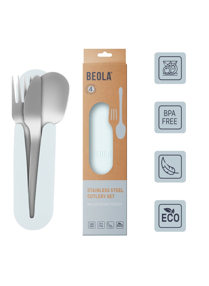 BEOLA Stainless Steel Cutlery Set, Travel Utensils Set with Silicone Case Pouch, Fork Spoon Knife Camping Set, Cutlery Set for Kids School, Set of 4 (Ice Blue)  - Image 3