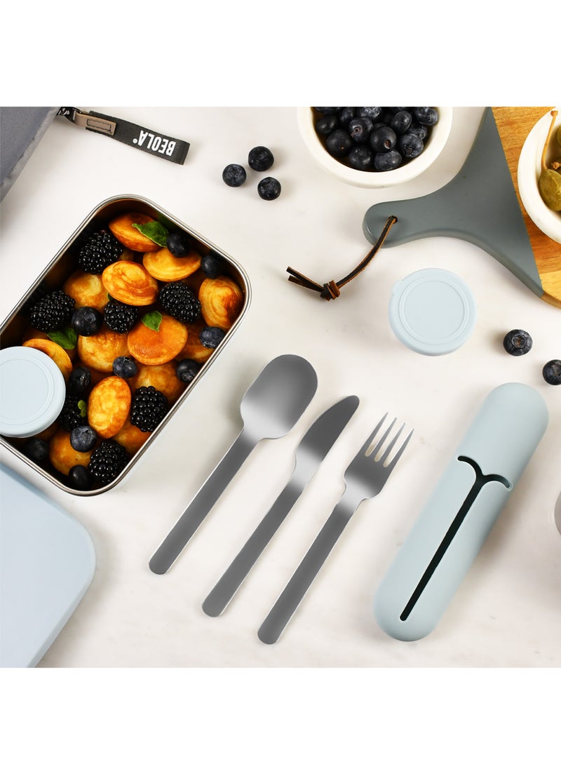 BEOLA Stainless Steel Cutlery Set, Travel Utensils Set with Silicone Case Pouch, Fork Spoon Knife Camping Set, Cutlery Set for Kids School, Set of 4 (Ice Blue)  - Image 4