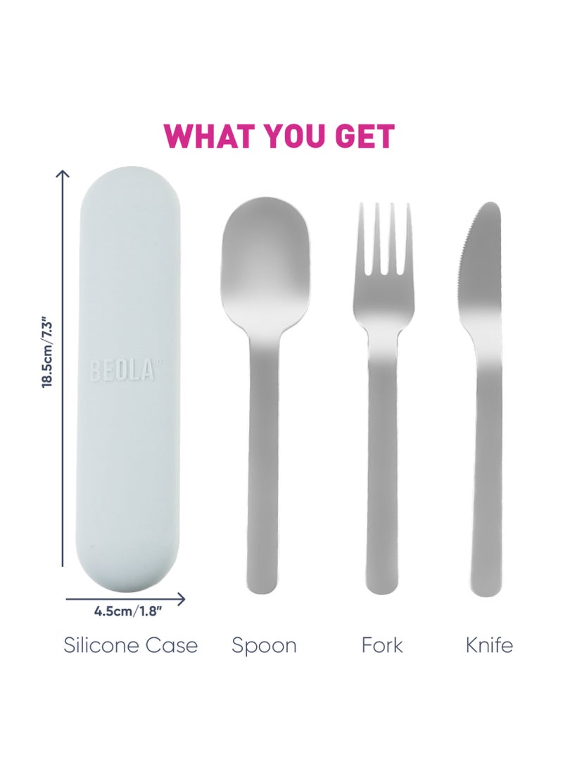 BEOLA Stainless Steel Cutlery Set, Travel Utensils Set with Silicone Case Pouch, Fork Spoon Knife Camping Set, Cutlery Set for Kids School, Set of 4 (Ice Blue)  - Image 2