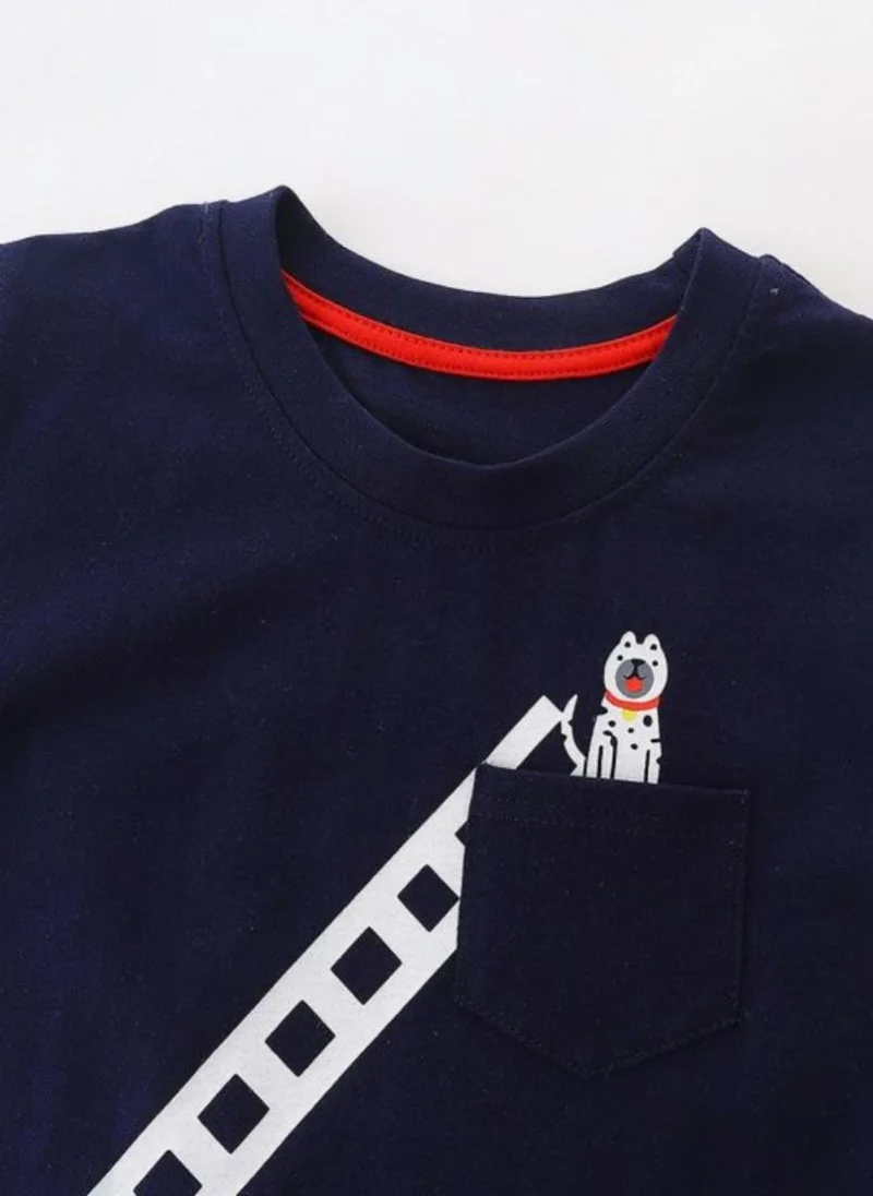 YUNIQEE Navy Blue Self Design Solid Round Neck Cotton T-shirt