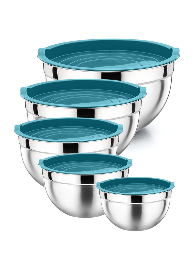 P&P CHEF PP CHEF Mixing Bowl with Lid Set of 5 10Piece Stainless Steel Nesting Salad Bowl Set for Prepping Mixing and Serving Size 46 3 15 1 07 QT Rimmed Edges  Flat Base Blue 