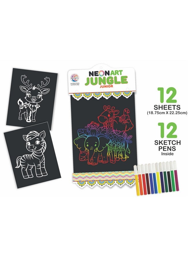 راتاناز مجموعة تلوين إبداعية للأطفال من Ratna's Neon Art Jungle مع 12 ورقة (18.75 × 22.25 سم) و12 قلم رسم - متعة تلوين إبداعية لجميع الأعمار - Image 2