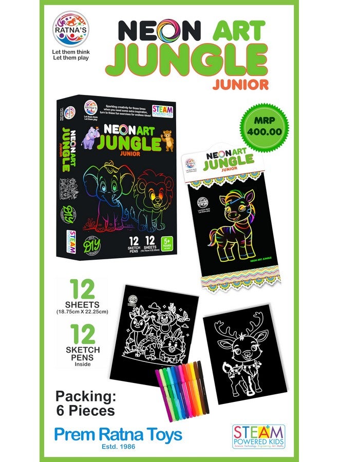راتاناز مجموعة تلوين إبداعية للأطفال من Ratna's Neon Art Jungle مع 12 ورقة (18.75 × 22.25 سم) و12 قلم رسم - متعة تلوين إبداعية لجميع الأعمار - Image 4