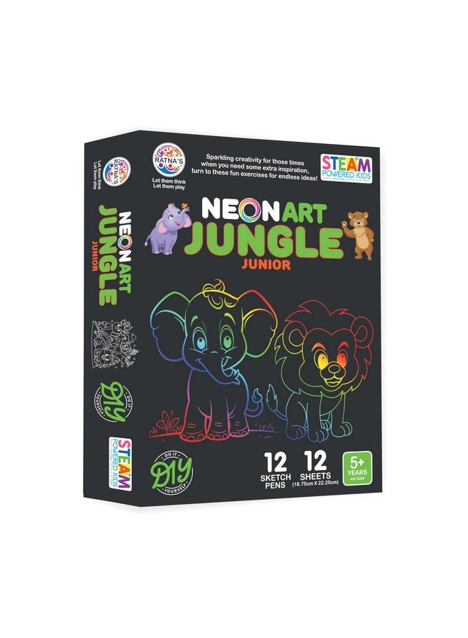 راتاناز مجموعة تلوين إبداعية للأطفال من Ratna's Neon Art Jungle مع 12 ورقة (18.75 × 22.25 سم) و12 قلم رسم - متعة تلوين إبداعية لجميع الأعمار - Image 1