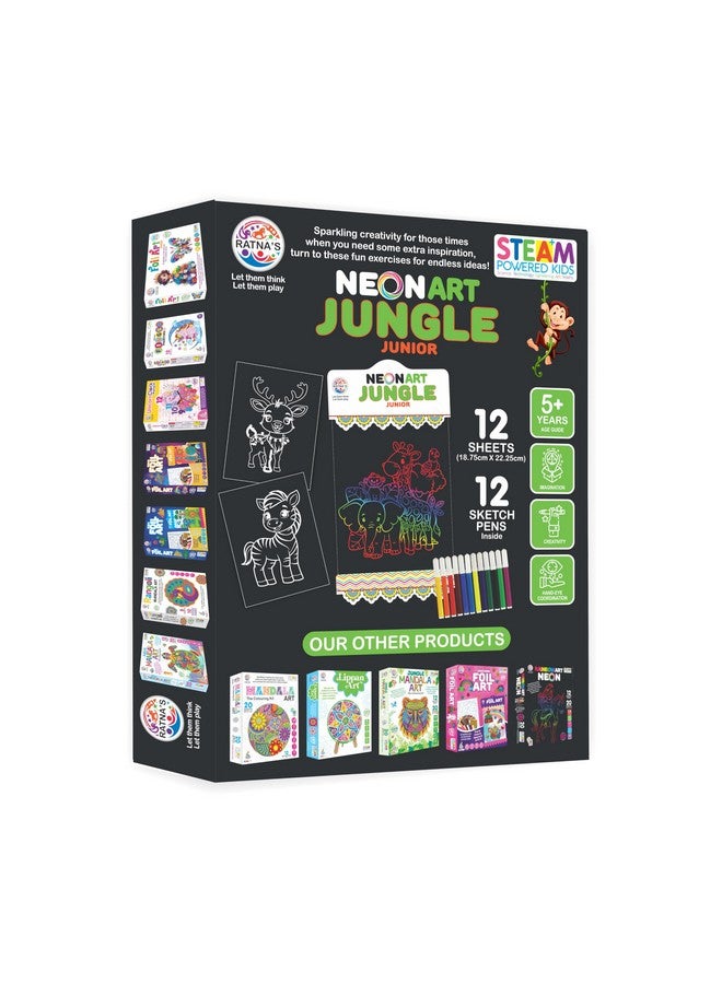 راتاناز مجموعة تلوين إبداعية للأطفال من Ratna's Neon Art Jungle مع 12 ورقة (18.75 × 22.25 سم) و12 قلم رسم - متعة تلوين إبداعية لجميع الأعمار - Image 5