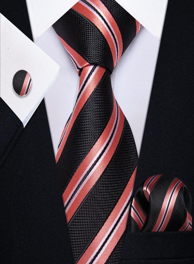 YourTies Black Ties for Men Silk Striped Tie and Pocket Square Cufflinks Set Business Wedding Party - Image 2