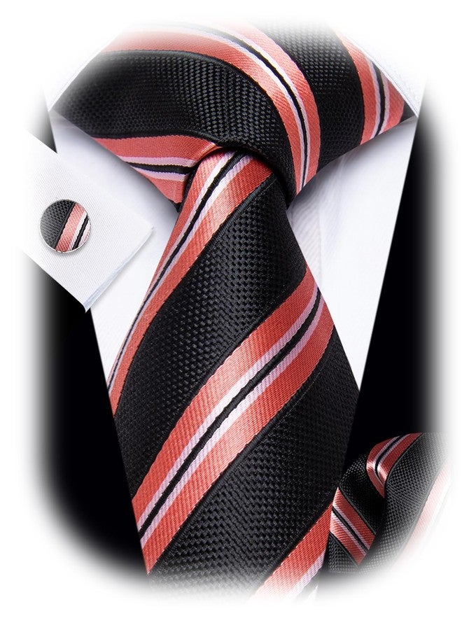 YourTies Black Ties for Men Silk Striped Tie and Pocket Square Cufflinks Set Business Wedding Party - Image 1