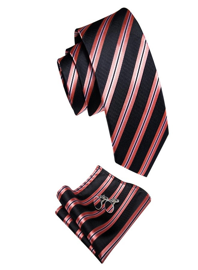 YourTies Black Ties for Men Silk Striped Tie and Pocket Square Cufflinks Set Business Wedding Party - Image 4