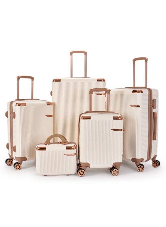 ليمرا طقم شنط سفر مكون من 5 حقائب أمتعة بـ 4 عجلات بتصميم صلب و حديث بيج/ذهبي - Image 1