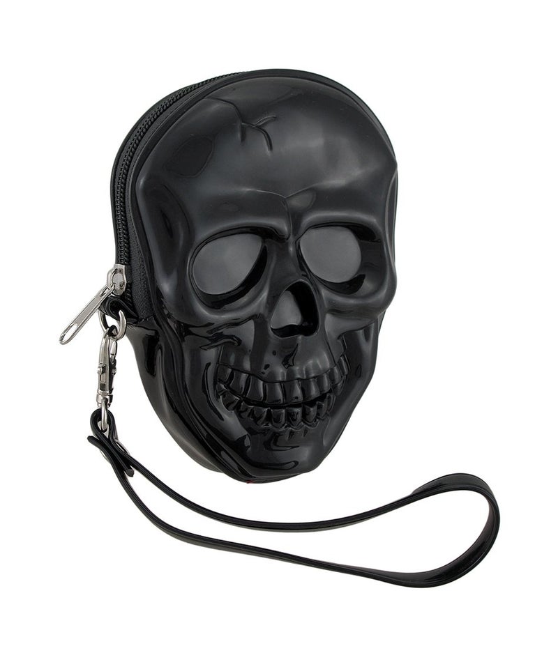 Zeckos Glossy Black Vinyl Molded Skull Shaped Wristlet Purse w/Removable Strap 6 Inches High - Image 1