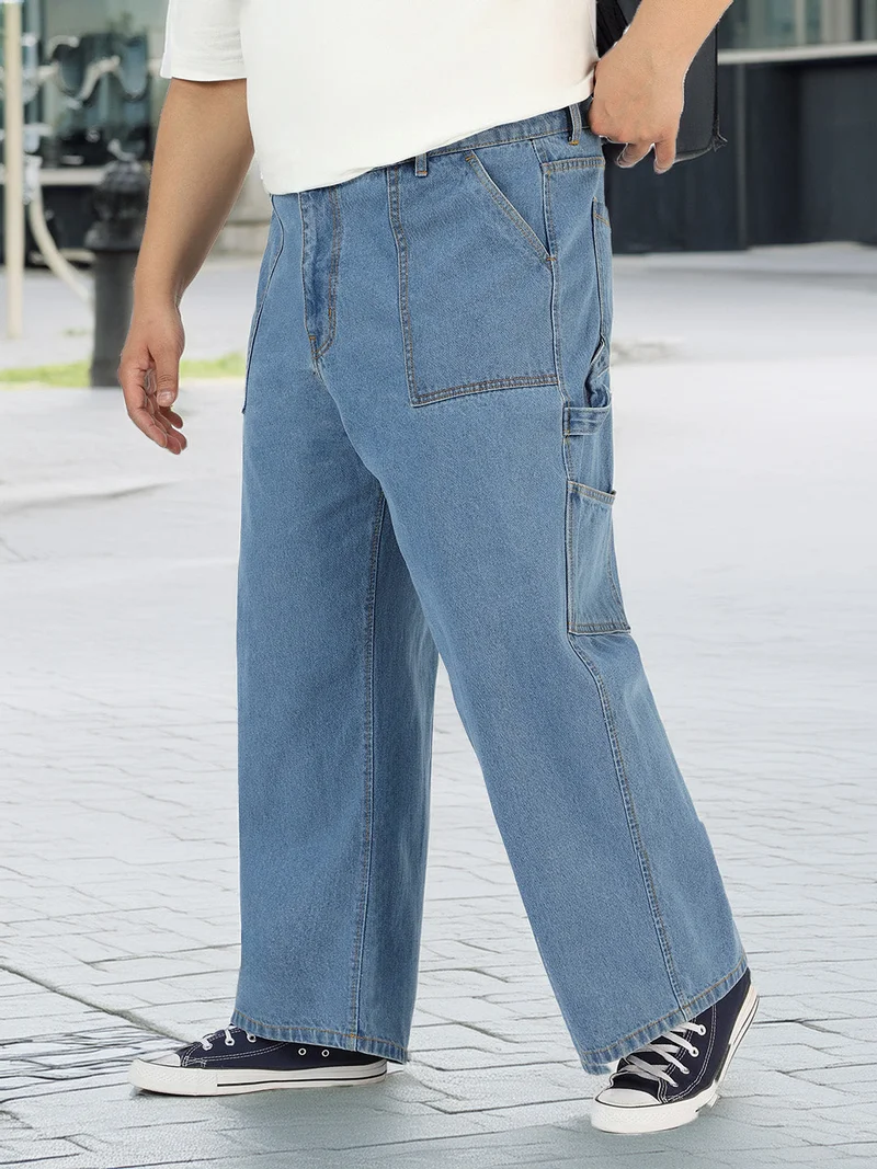 Urbano Plus Men's Light Blue Loose Fit Cargo Carpenter Jeans With 6 Pockets Non-Stretchable