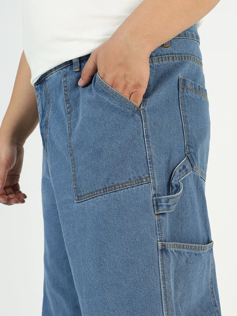 Urbano Fashion  Urbano Plus Men's Light Blue Loose Fit Cargo Carpenter Jeans With 6 Pockets Non-Stretchable  | Best Price UAE