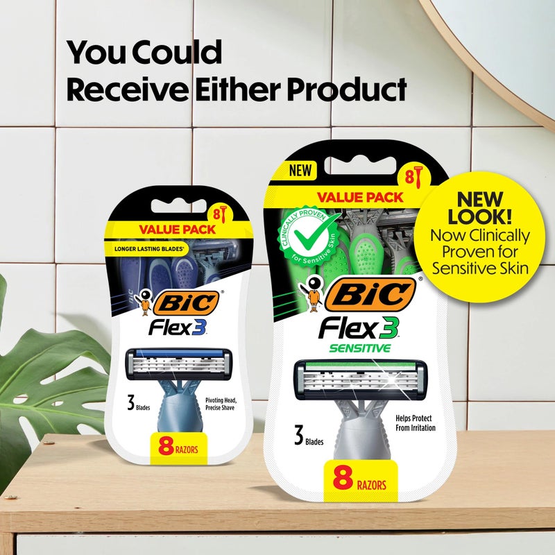 BIC Flex 3 Sensitive Disposable Razors for Men, Great Razors For a Smooth and Comfortable Shave, Shaving Razors With 3 Blades, 8 Count - Image 2